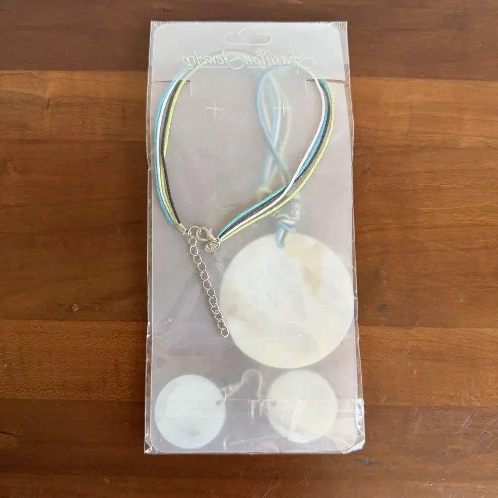 NWT Fashion Jewelry Teal Green Blue Floral Opalescent Shell Necklace & Earrings